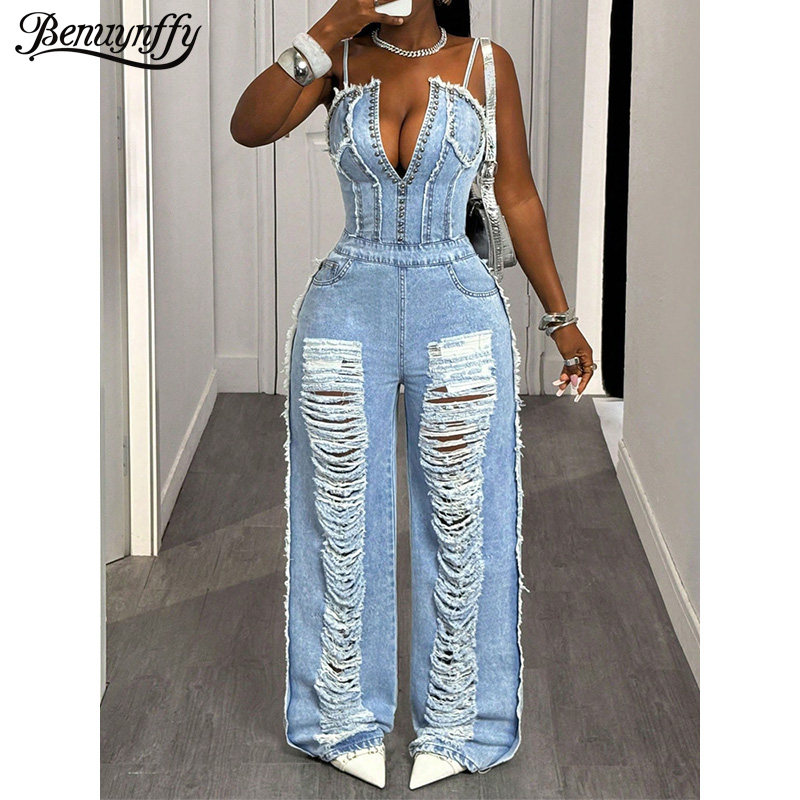 Streetwear Zipper - Benuynffy Sexy Spaghetti Strap Denim Jumpsuit