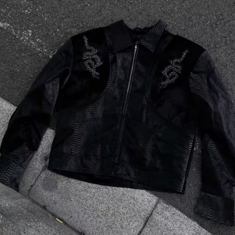 Men Black Snake Embossed Jacke - đánh giá và giá Streetwear Zipper