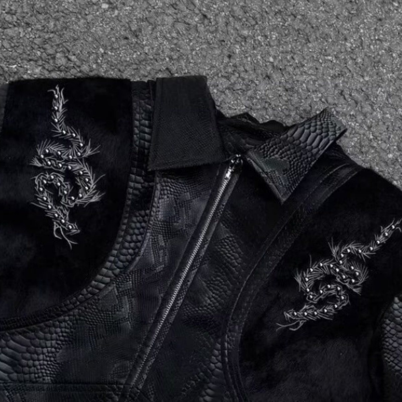 Men Black Snake Embossed Jacke - đánh giá và giá Streetwear Zipper